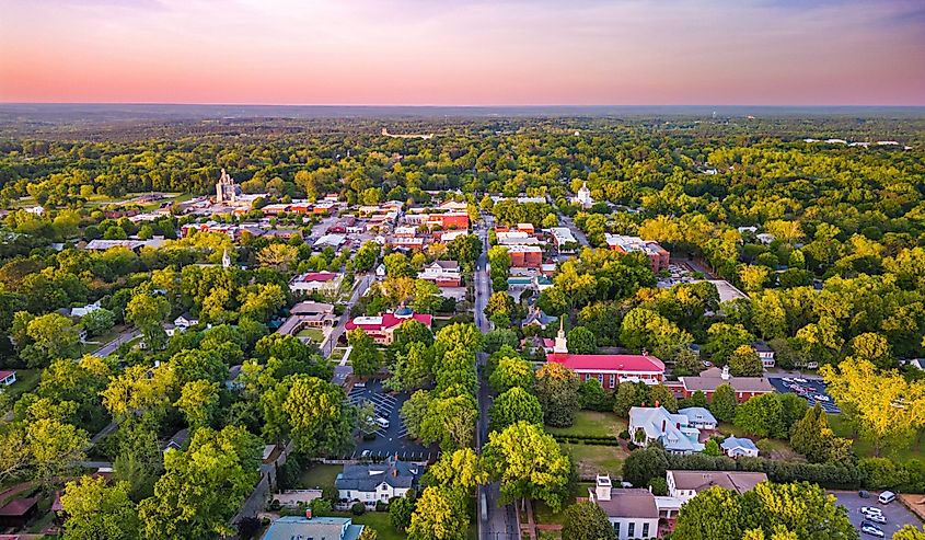 Madison, Georgia, overlooking the downtown historic district at dusk.