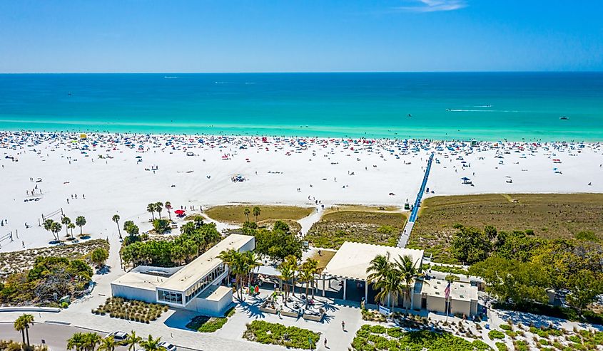 Siesta Key Beach Sarasota Florida Beautiful Sunny Day With Bright Blue Water During Spring Break Tourist Season Boaters Vacation White Sands