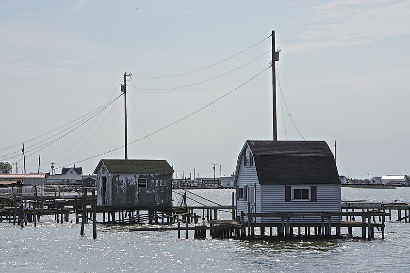 Shacks along the coast of Tangier Island, Virginia.