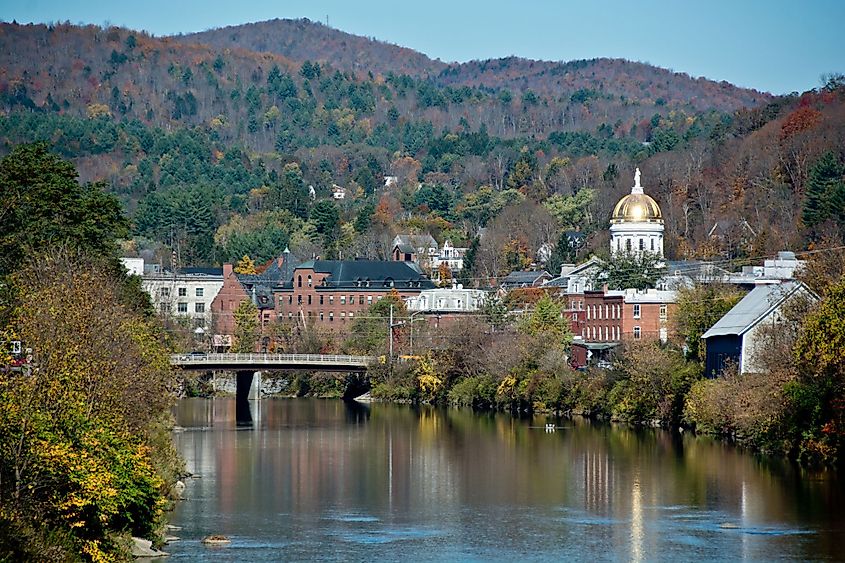 The city of Montpelier, Vermont sits astride the Winooski River in the center of the state.