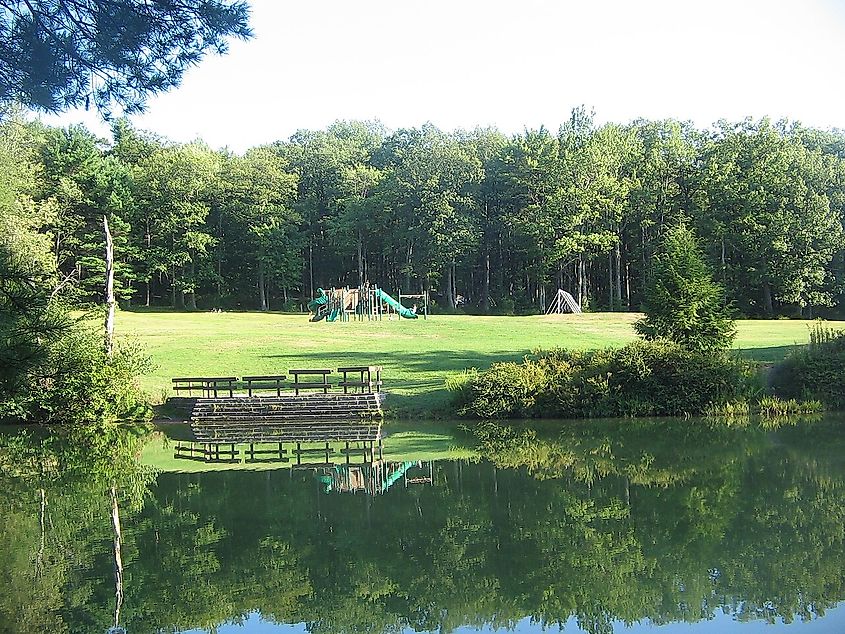 Campground and Lake behind CCC dam on Sand Spring Run in Hickory Run State Park in Carbon County, Pennsylvania, USA