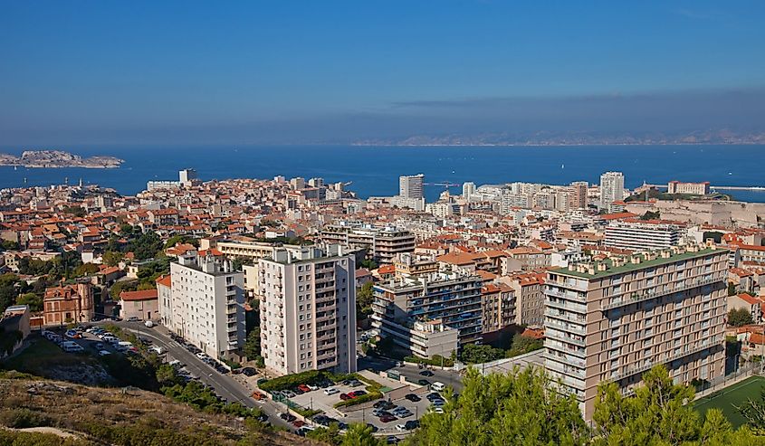 View of Marseilles (the oldest city of France) and the Gulf of Lion from the Notre-Dame de la Garde church.