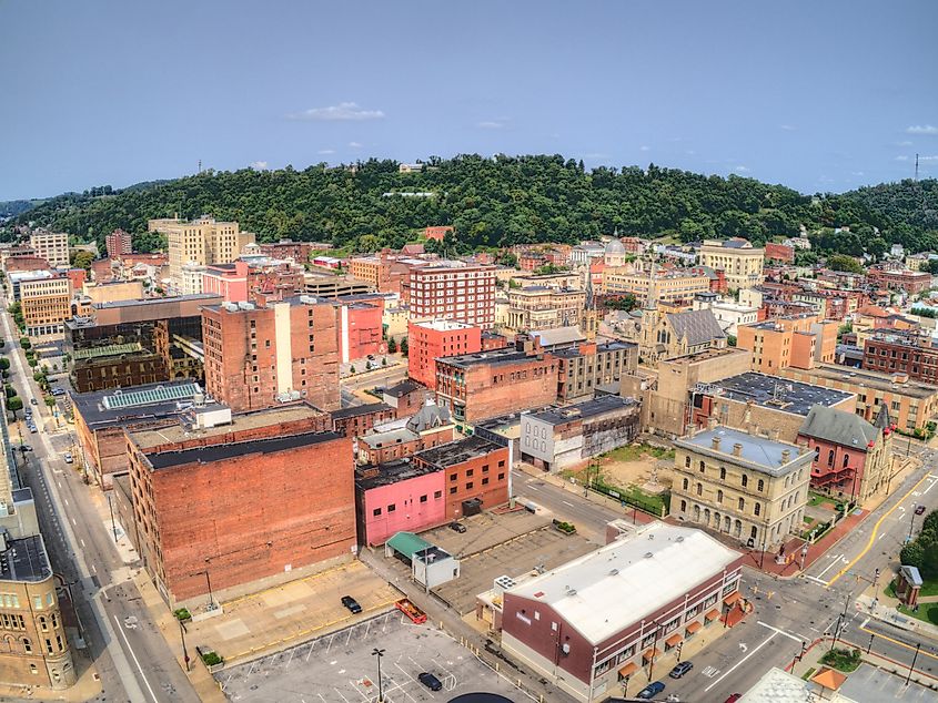 Aerial View of Downtown Wheeling, West Virginia on the Ohio River