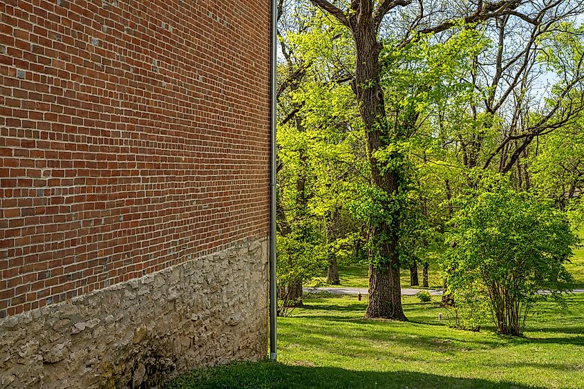 The brick wall of an old building in Arrow Rock, Missouri.