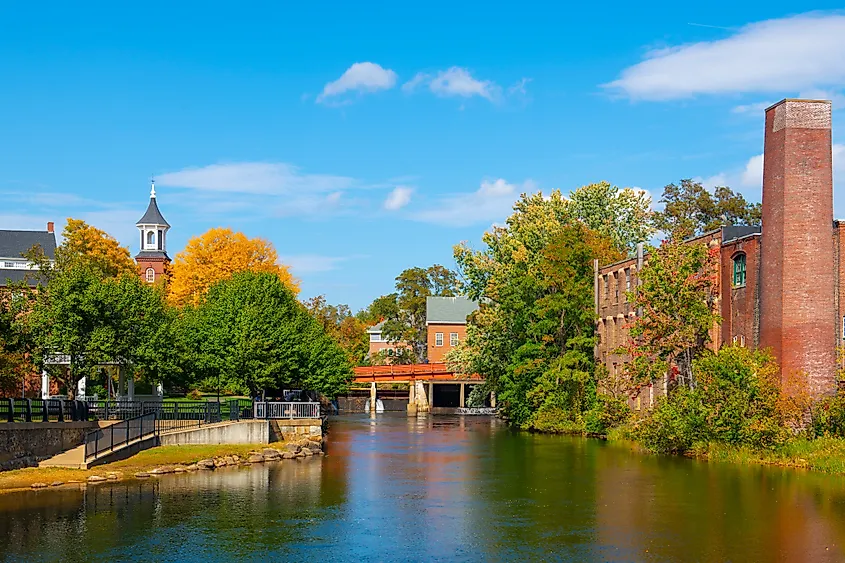 Belknap Mill on Opechee Bay Reservoir at 1 Mill Plaza in city of Laconia, New Hampshire NH, USA. 
