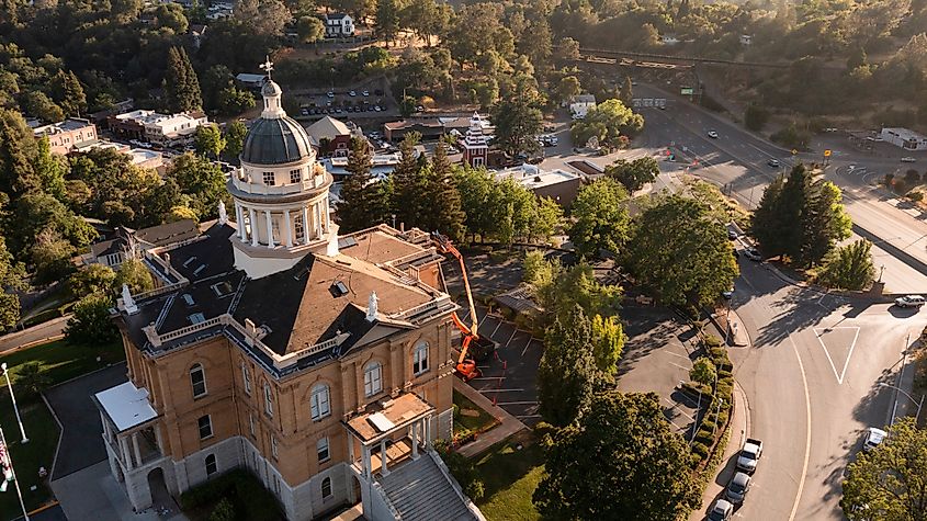 Sunlight shines on the historic 1898 Courthouse in downtown Auburn, California