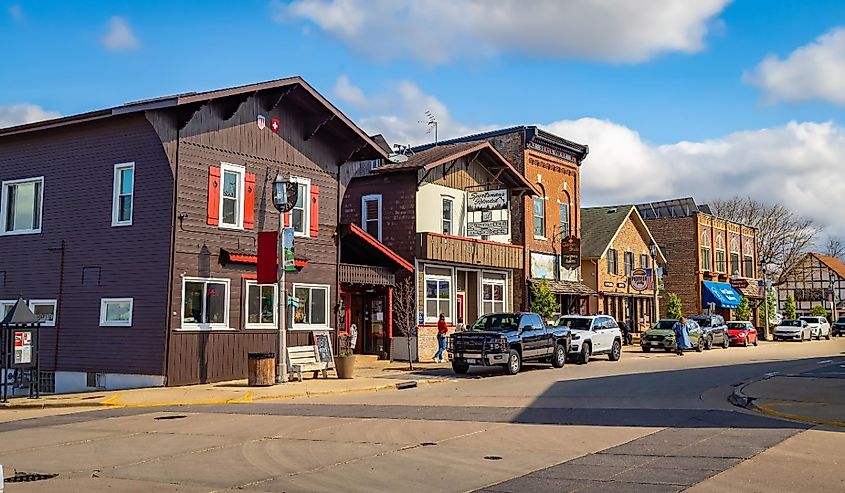 Historic shop fronts in New Glarus, Wisconsin.