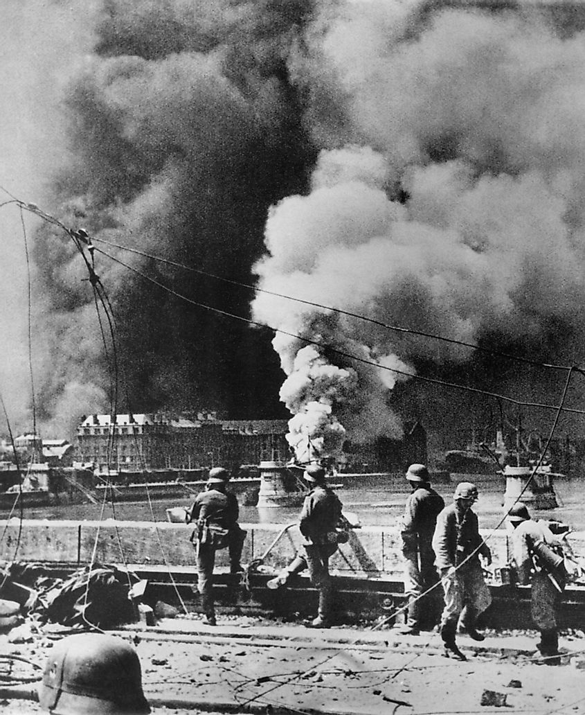 Rotterdam's city center burning after aerial bombardment by the Luftwaffe, May 14, 1940.