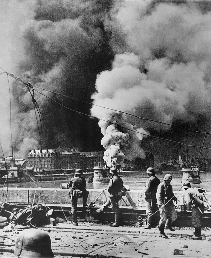 Rotterdam's city center burning after aerial bombardment by the Luftwaffe, May 14, 1940.