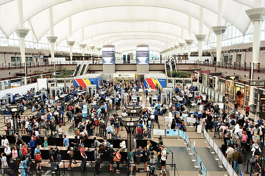  Путешественники в длинных очередях в международном аэропорту Денвера проходят через администрации транспортной безопасности