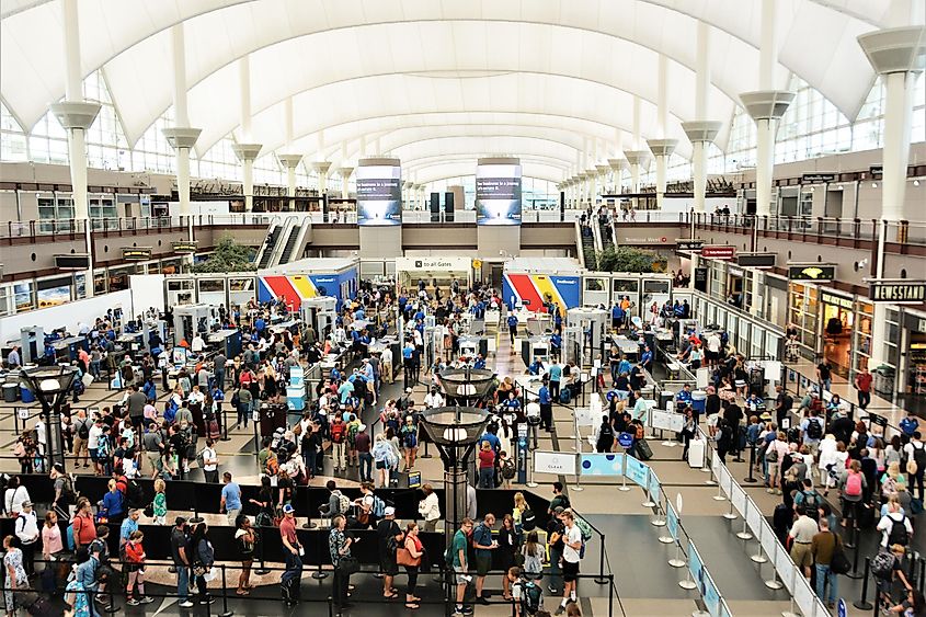  Travelers in long lines at Denver International Airport going thru the Transportation Security Administrations