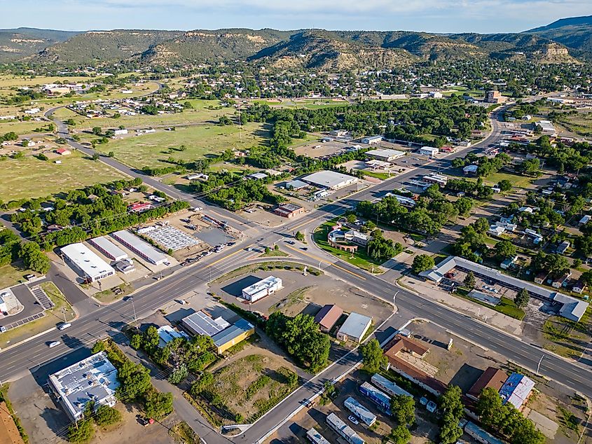 Aerial photo of a mobile home residential and business district in Raton, New Mexico, USA.
