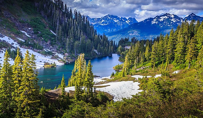 Water, mountains, and evergreen trees in Glacier National Park in Montana, US