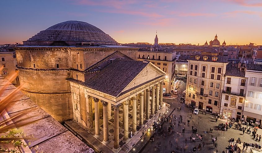 Rome, Italy above the ancient Pantheon at dusk.