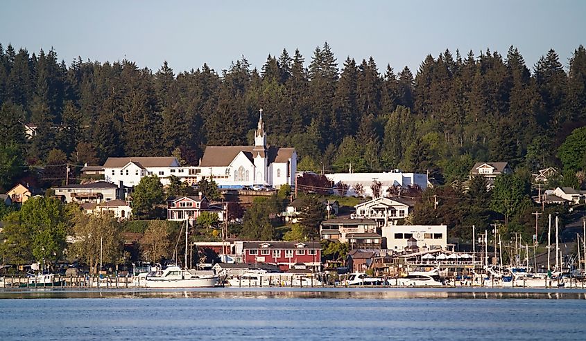 old church stand above the quaint town of poulsbo in washington state