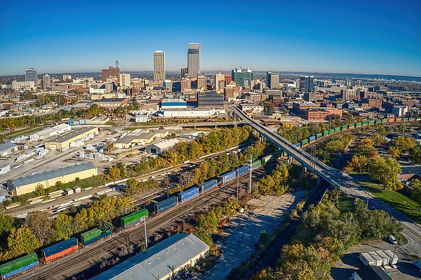 Aerial View of Downtown Omaha, Nebraska in Autumn