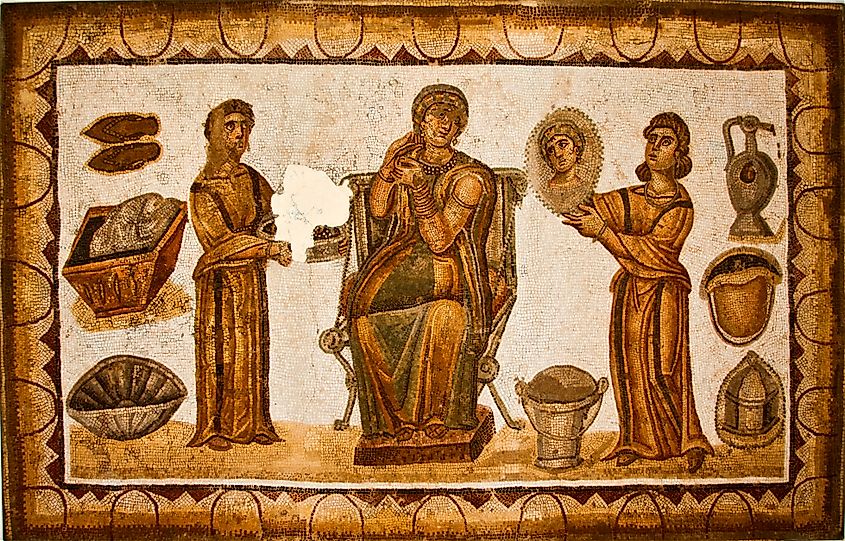 Mosaic from a Roman villa at Sidi Ghrib (in present-day Tunisia) depicting two female slaves (ancillae) attending their mistress