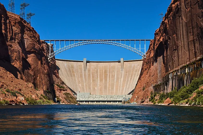 A close view of the Glen Canyon Dam and the Glen Canyon Bridge over the Colorado River near Page, Arizona