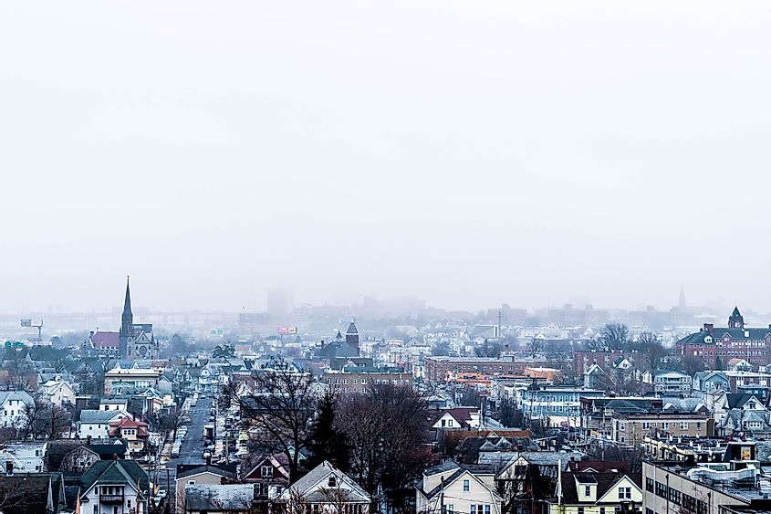 Aerial view of North End neighborhood in Bridgeport, Connecticut on a foggy morning