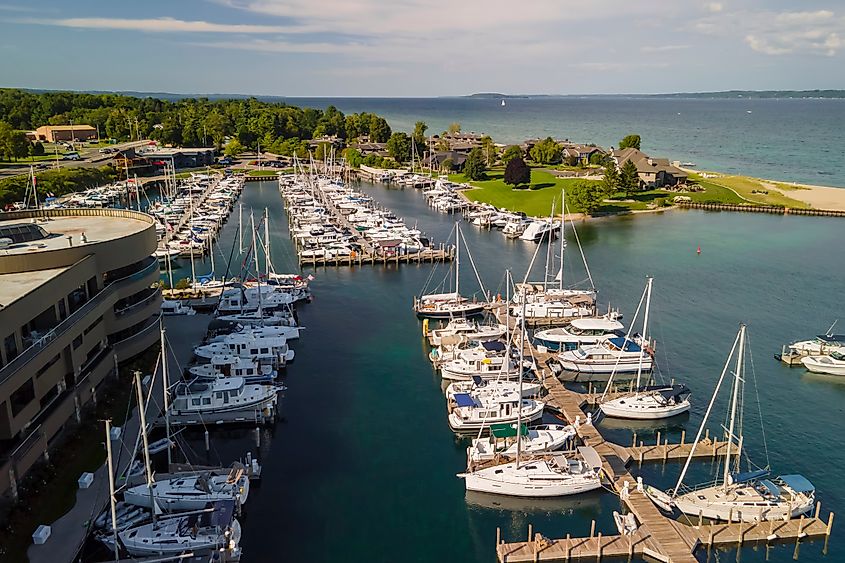 Aerial view of Traverse city marina.