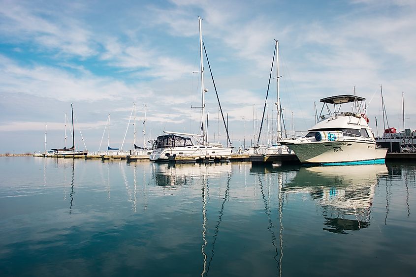 Boats docked on Lake Michigan in Chicago.