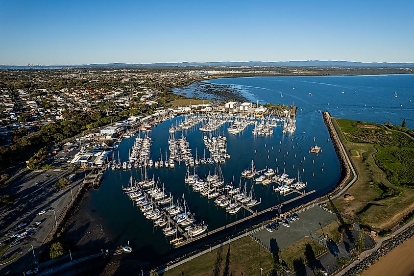 An aerial view of the marina in Redcliffe, Queensland.