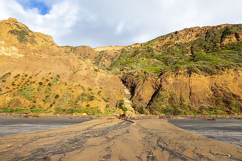 Mud River Flowing Down Sandstone Cliffs at Torrey Pines California State Park after Historic Atmospheric Rain Storm Floods in San Diego.