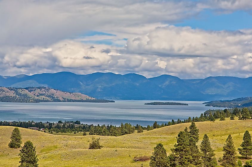 A scenic view of Flathead Lake from Polson, Montana