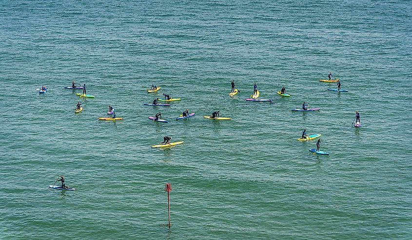 Swimmers Paddle boarding on a hot day in Tenby coast, Carmarthen Bay, Pembrokeshire