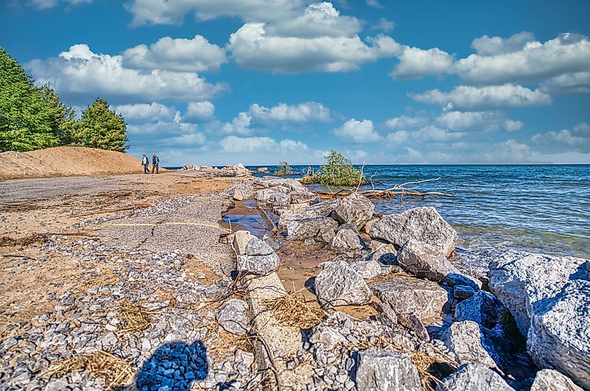 Tawas City,Mi/USA - 6/14/2020: Rising Lake Huron water levels destroys parking lot