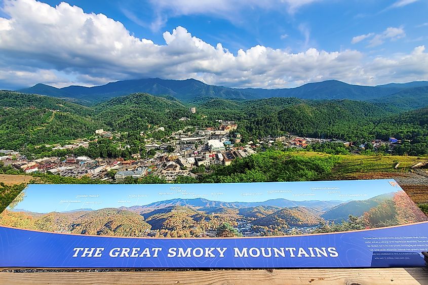 View of the beautiful town of Gatlinburg, Tennessee, from the Smoky Mountains