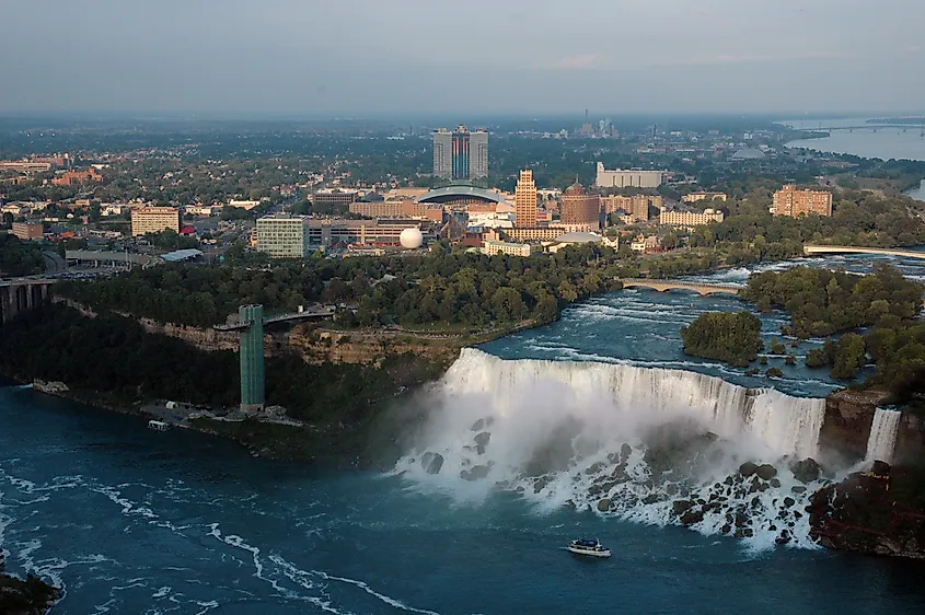 View of the American Falls and the downtown area of Niagara Falls, New York
