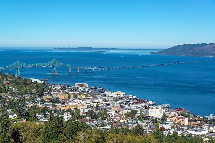 Cityscape view of Astoria, Oregon with the Astoria Megler Bridge and Columbia River