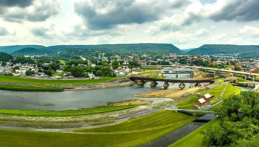 Cumberland, Maryland, with bridges over the Western Potomac River.