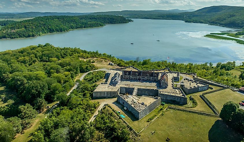 Aerial view of Fort Ticonderoga on Lake George in upstate New York from the revolutionary war era with four bastions, demi lune, ravelin, covered way and glacis