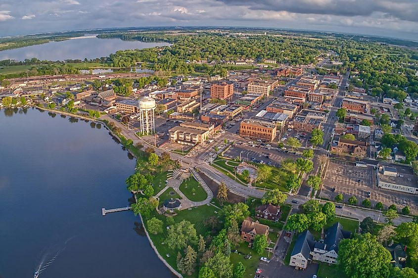Aerial view of downtown Albert Lea, Minnesota, at dusk during the summer.
