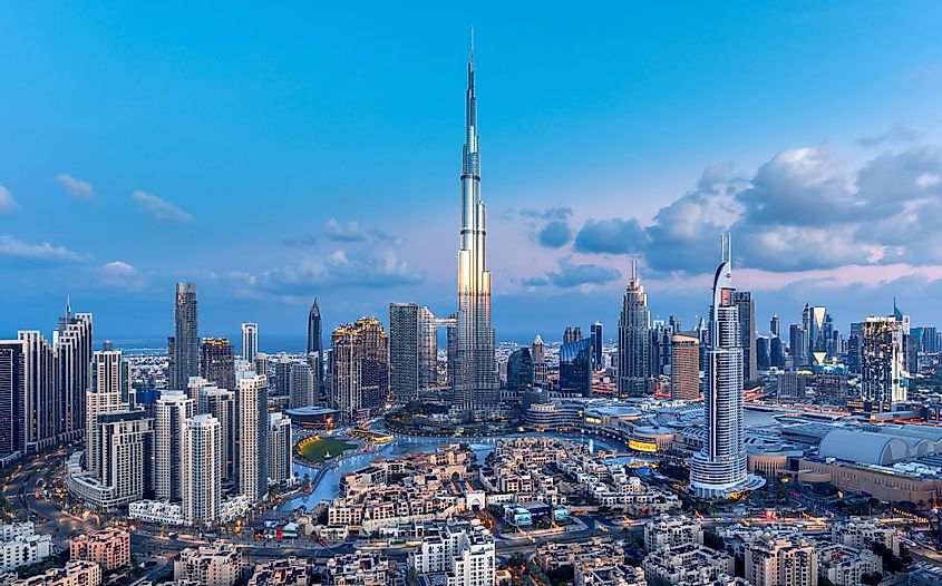 Dubai - amazing city center skyline with luxury skyscrapers at sunrise