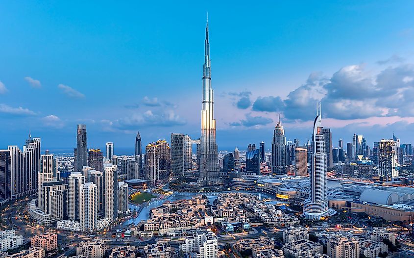 Dubai - amazing city center skyline with luxury skyscrapers at sunrise