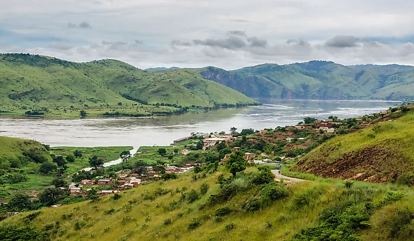 Small village in green hills at Congo River, Democratic Republic of Congo