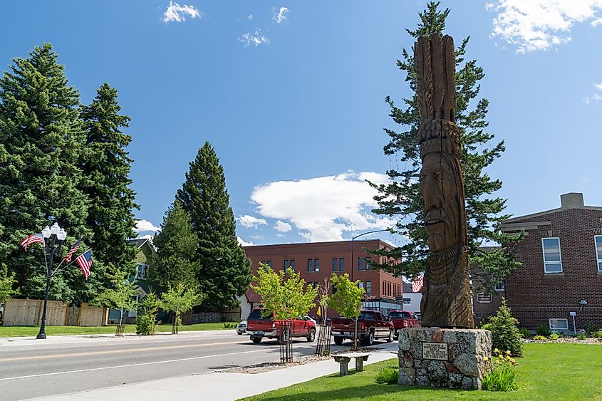 Trail of the Whispering Giants totem pole in the downtown area in Red Lodge, Montana.