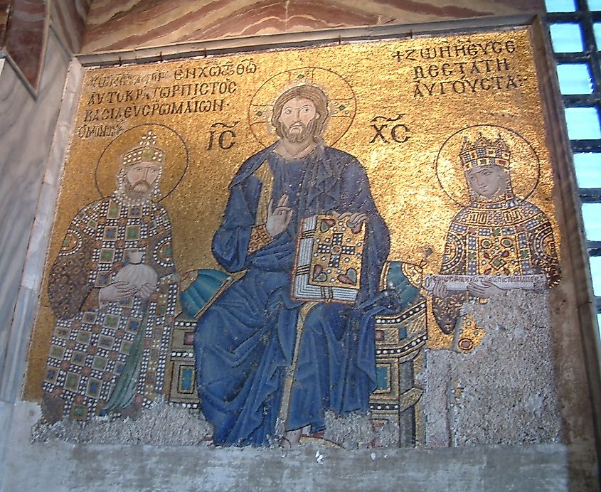Byzantine mosaic in Hagia Sophia showing Christ Pantocrator flanked by Emperor Constantine IX Monomachos and Empress Zoe