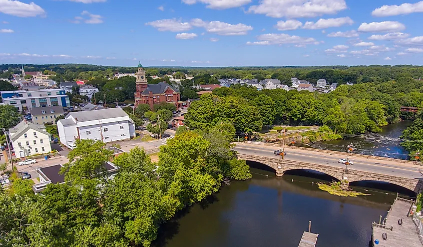 Buildings and businesses along a street in Narragansett, Rhode Island.