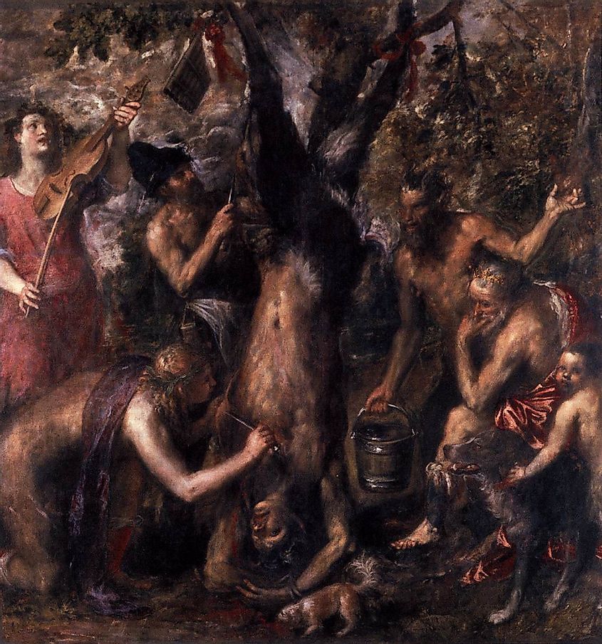 The Flaying of Marsyas after challenging Apollo. Painting by Titian.