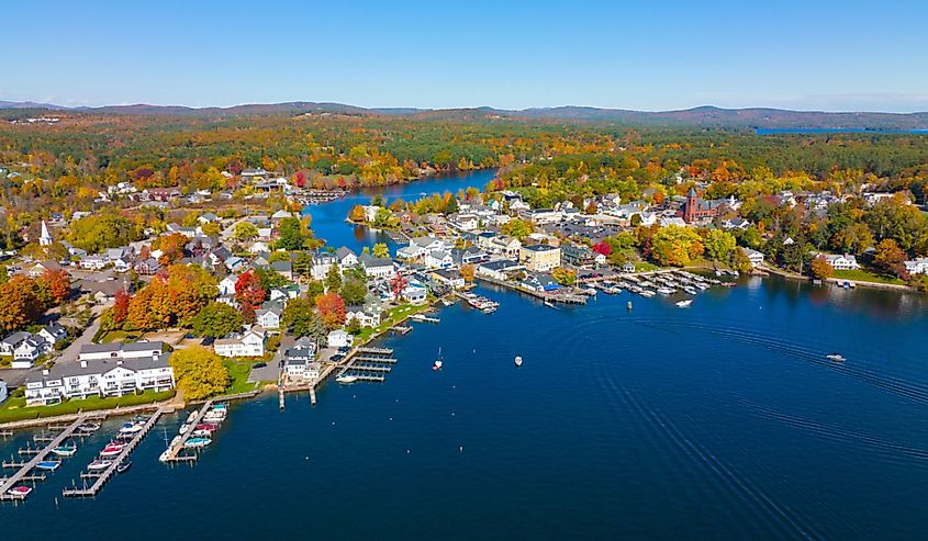 Wolfeboro historic town center at Lake Winnipesaukee aerial view in fall on Main Street, town of Wolfeboro, New Hampshire