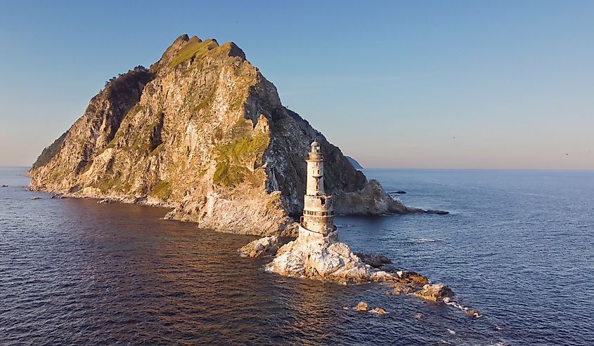 Aerial view the abandoned lighthouse Aniva in Sakhalin Island, Russia.