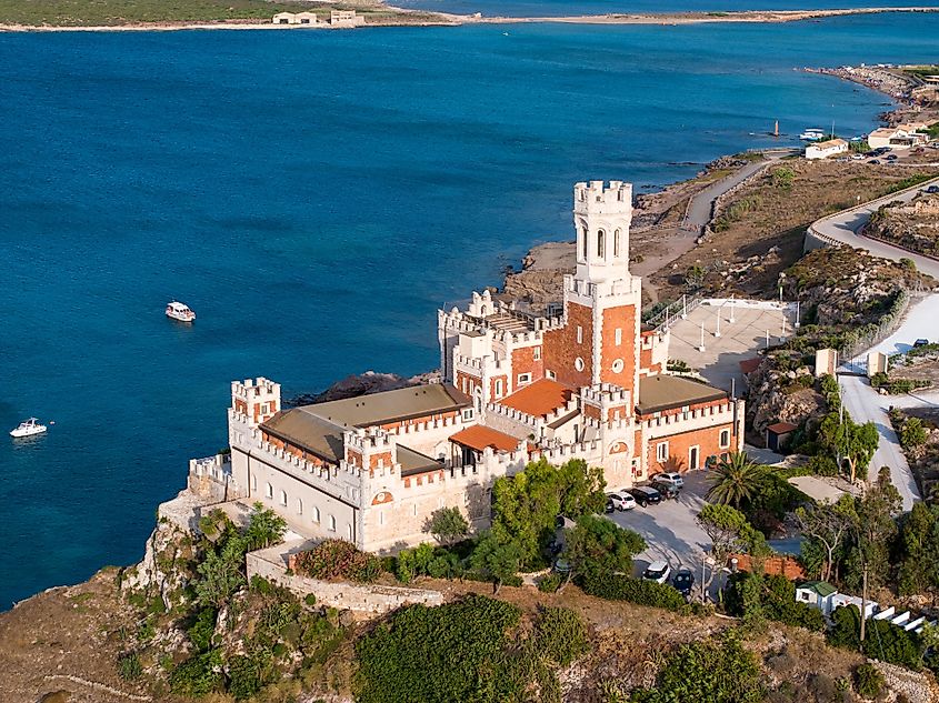Portopalo di Capo Passero, castle hotel in southern Sicily, aerial view.