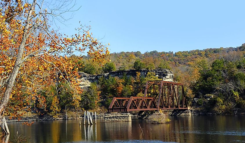 Remains of the Eureka Springs and North Arkansas Railway bridge ends in the middle of Table Rock Lake by Beaver, Arkansas and Eureka Springs