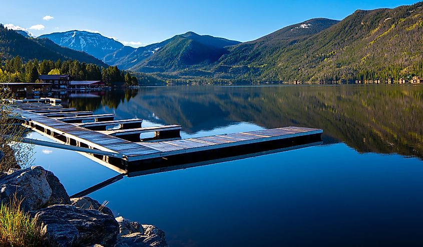 Docks on the water looking out over Grand Lake, Colorado.