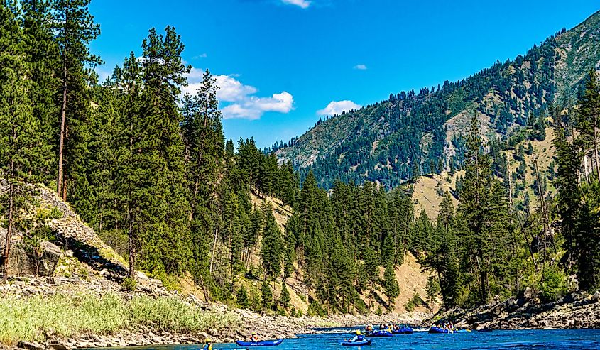 A river raft and kayaks in white water on the Salmon River in the Frank Church River of no Return wilderness area in northern Idaho