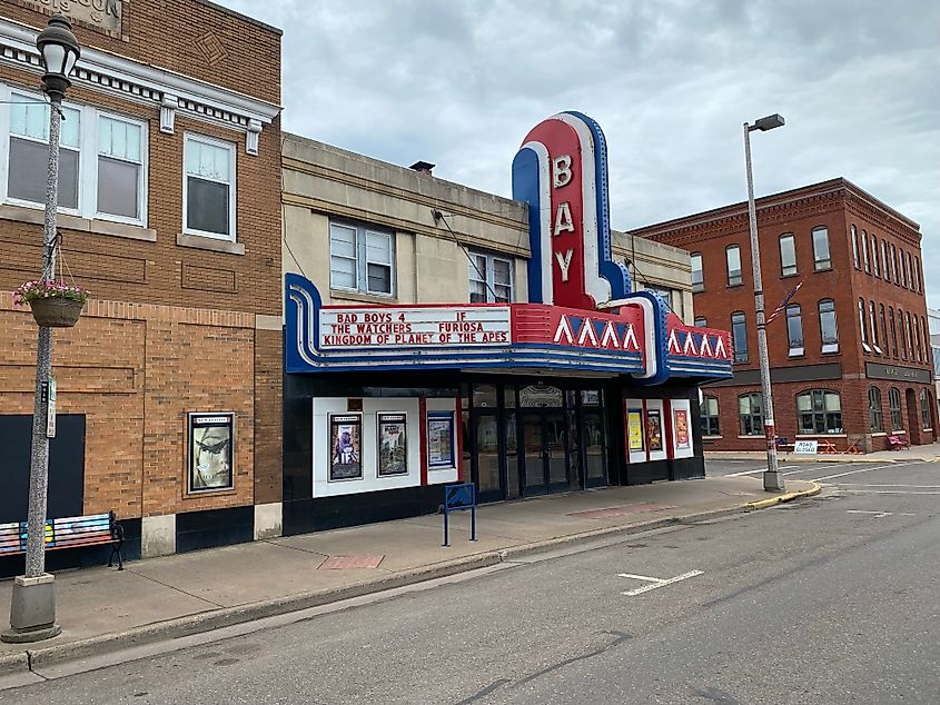 The red and blue marquee exterior of Bay Theater in downtown Ashland, WI.